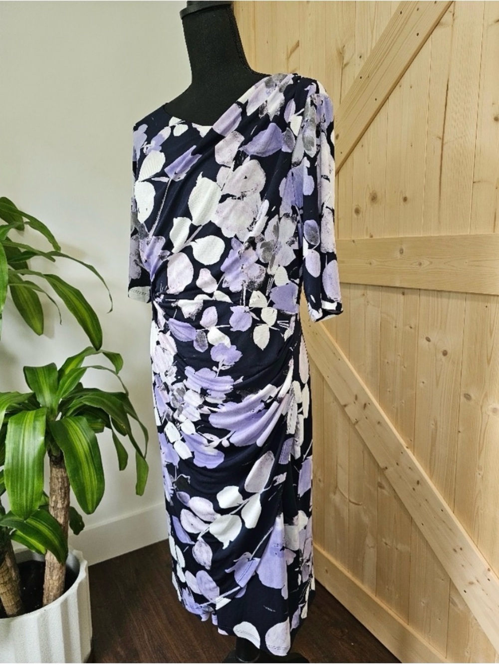 CONNECTED APPAREL Navy with Lavender Abstract Floral Design with Side Gather - Picture 7 of 8